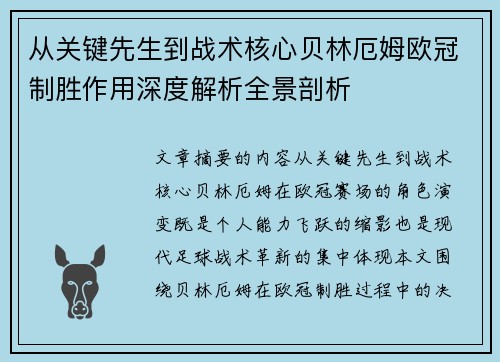 从关键先生到战术核心贝林厄姆欧冠制胜作用深度解析全景剖析